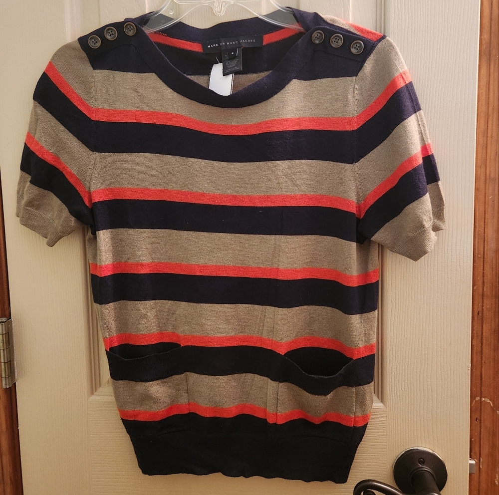 Marc Jacobs silk & cashmere blend cropped bold-striped blouse W/pockets!sz Small